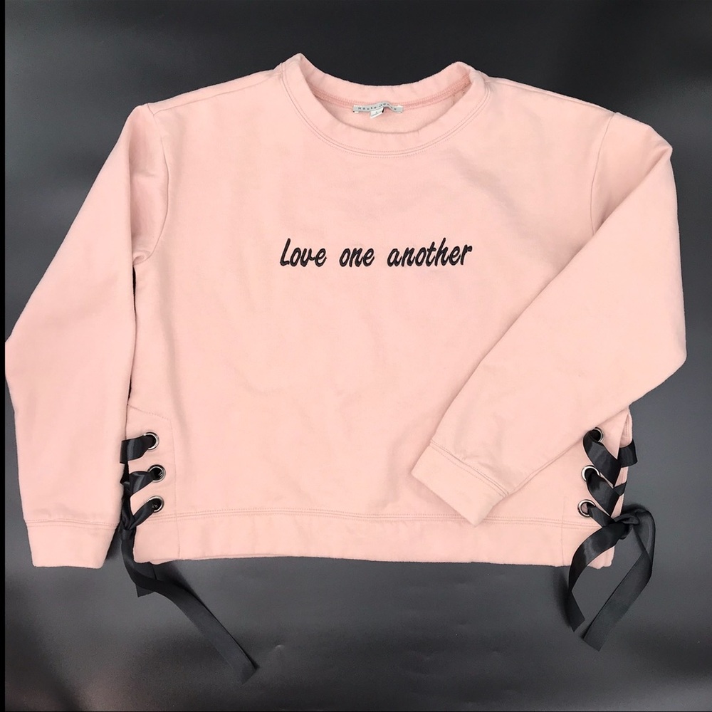 Haute Monde Embroidered Pink Sweatshirt with Black Side Ribbon Detail Size L